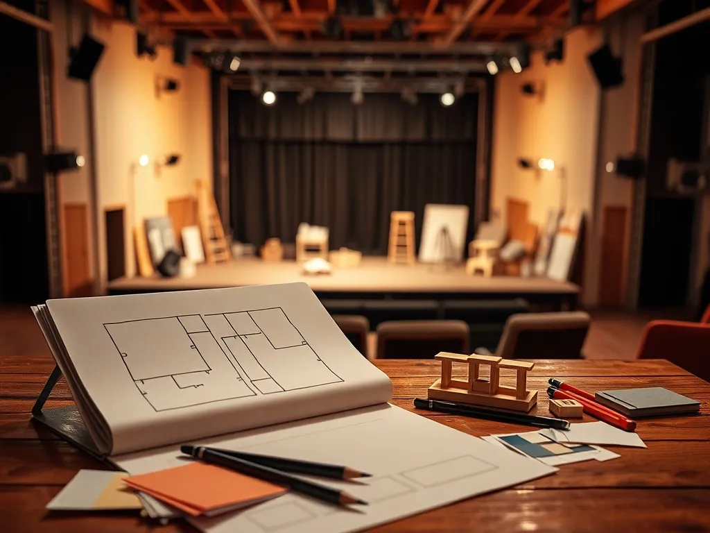 Biurko scenografa z szkicami scen i makietą teatru na tle rozmytej sceny, podkreślające kreatywną pracę nad scenografią.