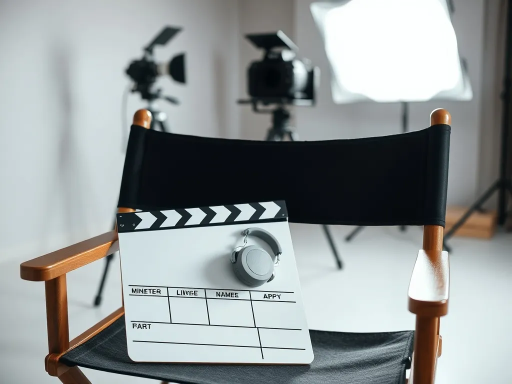Krzesło reżysera z klapsem filmowym na planie, symbolizujące pracę reżysera i kulisy produkcji filmowej.
