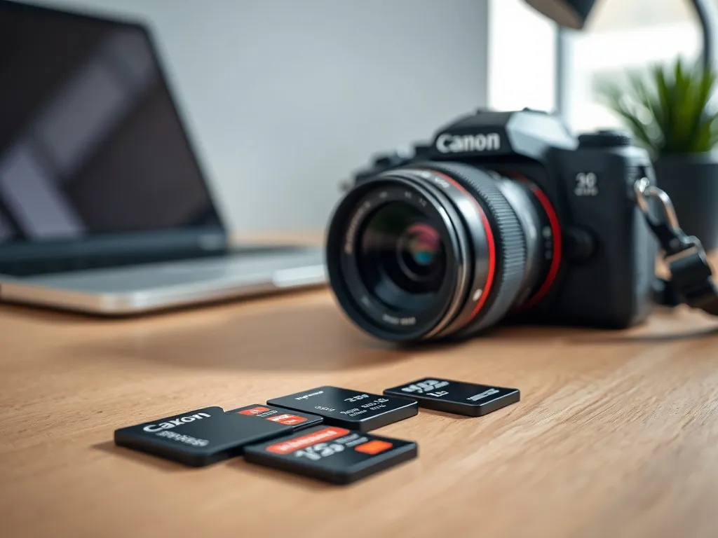Różne rodzaje kart pamięci (SD, microSD, CFexpress) ułożone przed aparatem – porównanie nośników do fotografii