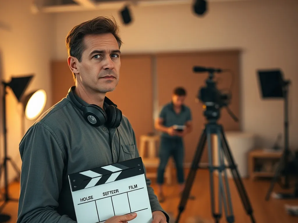Reżyser z klapsem filmowym na planie, w tle ekipa filmowa i sprzęt – ilustracja roli reżysera w produkcji filmu.