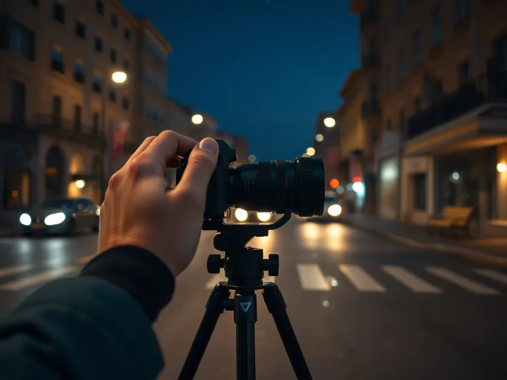 Fotograf na nocnej, spokojnej ulicy ustawia aparat na statywie, korzystając z ciepłego światła latarni i świateł aut.