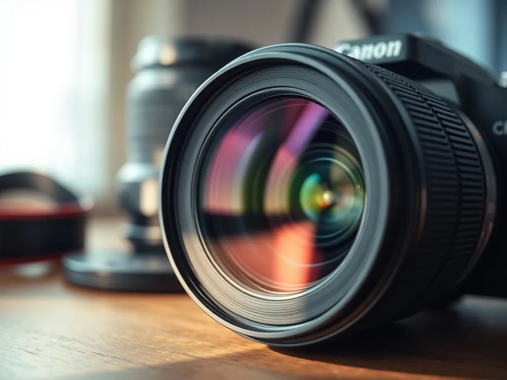 Zbliżenie obiektywu aparatu z wyraźnie widoczną przysłoną na biurku, na drugim planie rozmyte akcesoria fotograficzne.