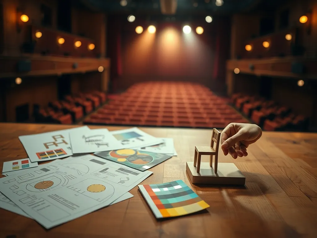 Ręka ustawia miniaturowe krzesło na makiecie sceny, wokół rozłożone szkice i palety barw, w tle puste siedzenia teatru.
