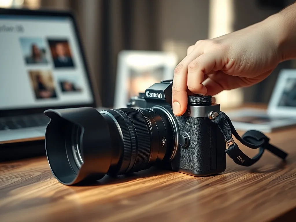 Dłoń fotografa ustawia pokrętło ISO w nowoczesnym aparacie na drewnianym stole, w tle rozmyty laptop i odbitki zdjęć.