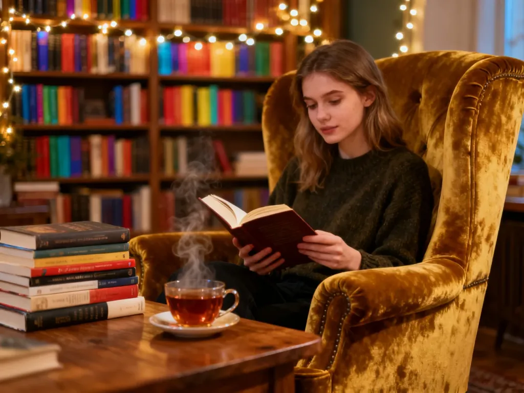 Młoda kobieta czytająca książkę w przytulnym kąciku z biblioteczką, zachęcająca do lektury polecanych powieści.