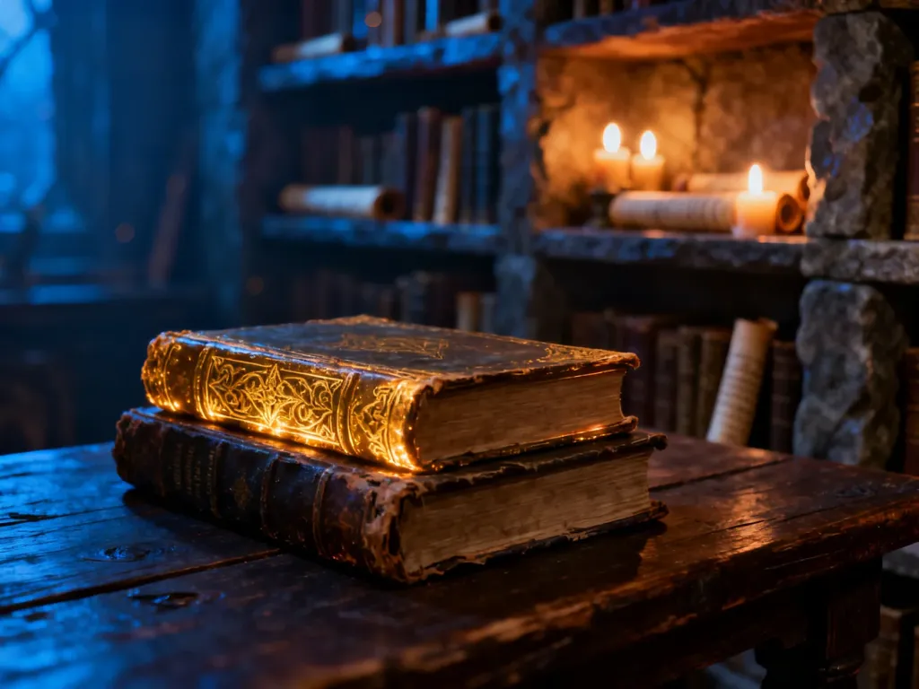 Stos starych ksiąg fantasy ze złotymi grzbietami na drewnianym stole w klimacie magicznej biblioteki.