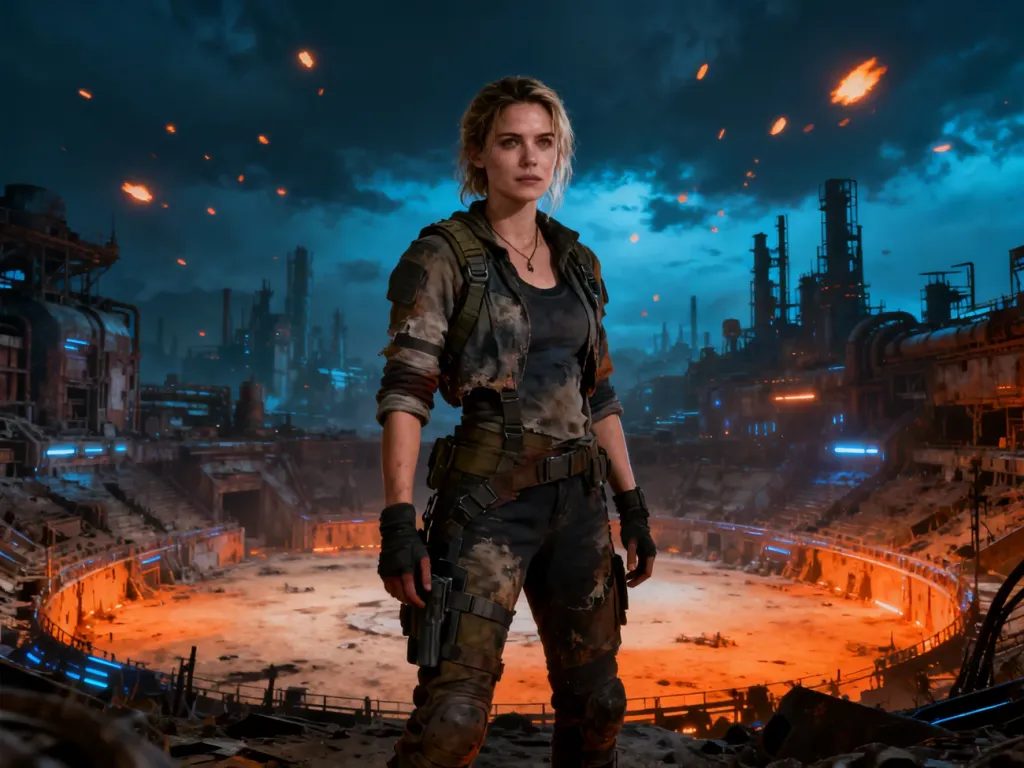 Zdeterminowana kobieta w futurystycznym, zniszczonym stroju na tle dystopijnego krajobrazu przypominającego arenę.