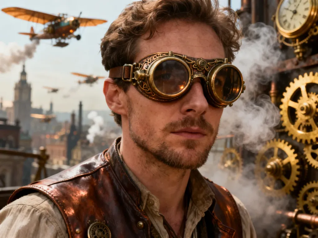 Mężczyzna w goglach i skórzanej kamizelce na tle wiktoriańskiego miasta z maszynami parowymi w stylu steampunk.