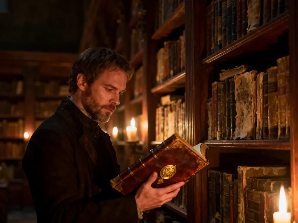 Mężczyzna w starożytnej bibliotece bada tajemniczą księgę ze złotą pieczęcią, budując klimat zagadki i poszukiwań.