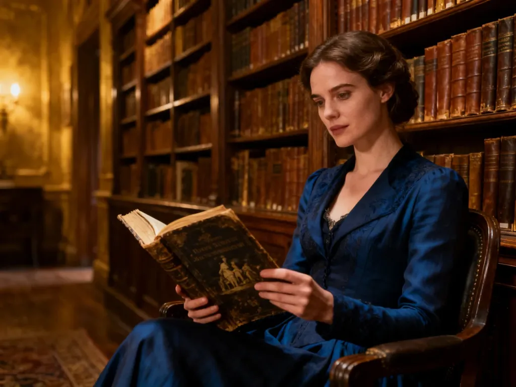 Elegancka kobieta w przytulnej, zabytkowej bibliotece czyta historyczną powieść, nawiązując do twórczości Philippy Gregory.
