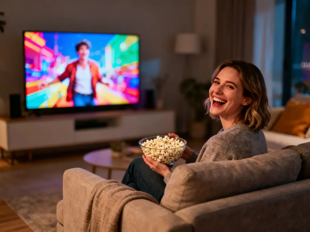 Kobieta śmiejąca się podczas oglądania filmu z miską popcornu na kanapie w przytulnym salonie.