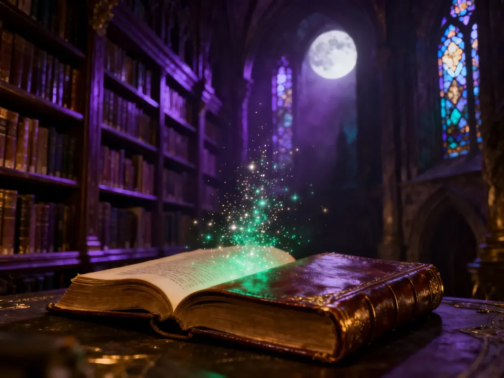 Magiczna, mroczna biblioteka z otwartą księgą, z której wydobywa się blask, wprowadzająca w klimat literatury fantasy.