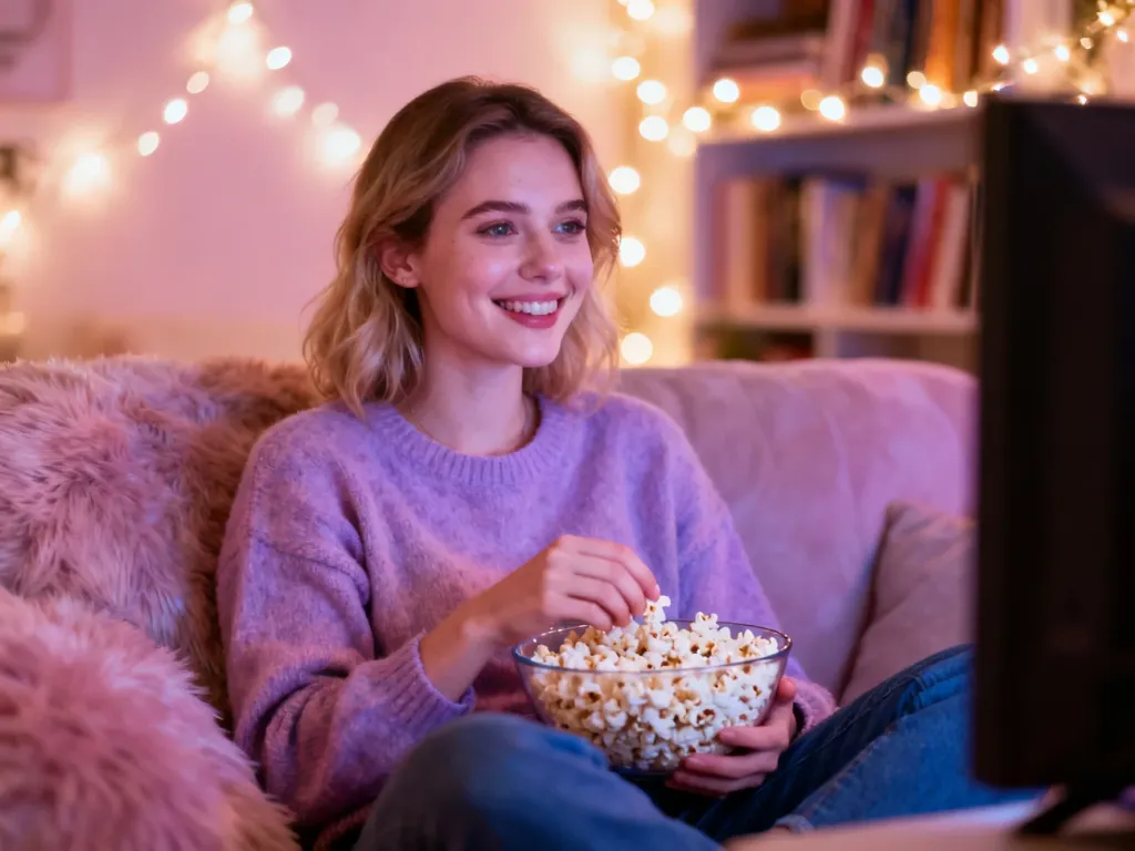Młoda kobieta w przytulnym salonie z popcornem, oglądająca romantyczny film w nastrojowej scenerii.