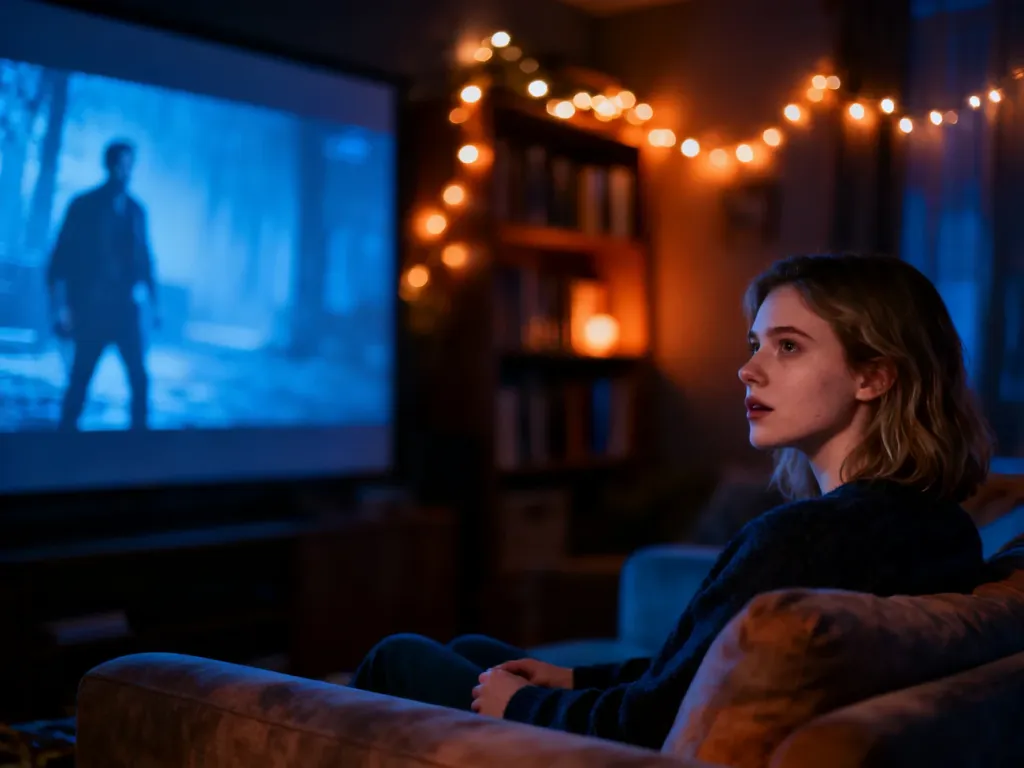 Młoda kobieta oglądająca film w przytulnym, nastrojowym salonie z ciepłym oświetleniem.