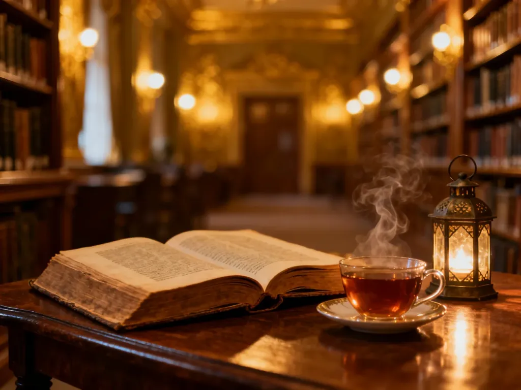 Otwarta książka, parująca herbata i lampion w przytulnej bibliotece, tworzące klimat sprzyjający lekturze literatury.