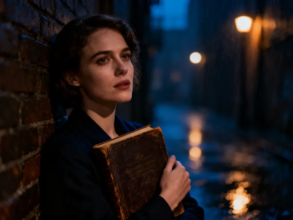 Kobieta w nastrojowej, miejskiej scenerii czyta książkę, co podkreśla klimat literatury gangsterskiej i romansów.