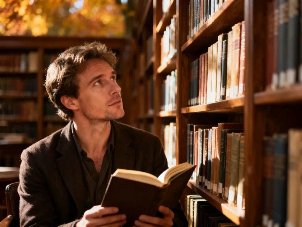 Mężczyzna czytający książkę w przytulnej bibliotece, otoczony regałami z literaturą.