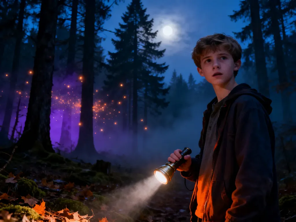 Nastolatek z latarką w mrocznym, zamglonym lesie, budujący atmosferę tajemnicy w stylu serialu Stranger Things.