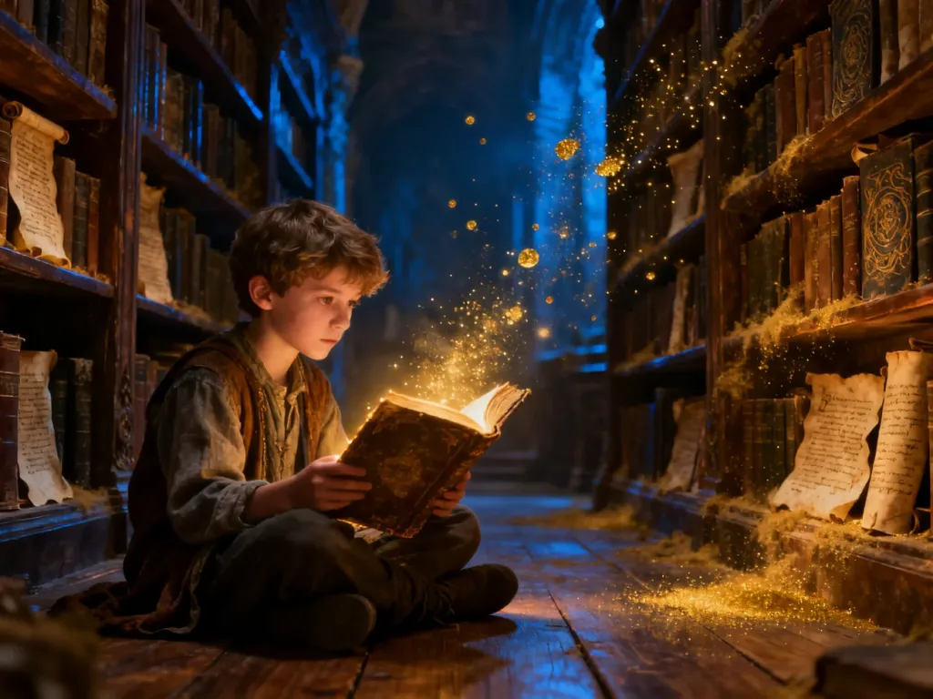 Chłopiec siedzi w przytulnej, magicznej bibliotece z jarzącą się księgą w dłoniach, wprowadzając w klimat filmów fantasy.