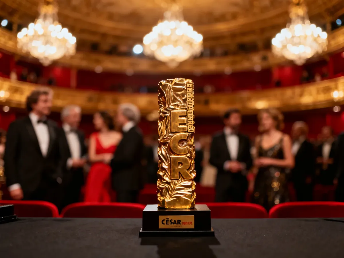 Złota statuetka Cezara na tle eleganckiej gali filmowej