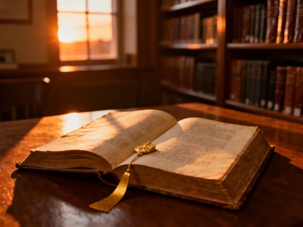 Otwarta książka ze złotą zakładką na ostatniej stronie w przytulnej bibliotece, symbolizująca szczęśliwe zakończenie.