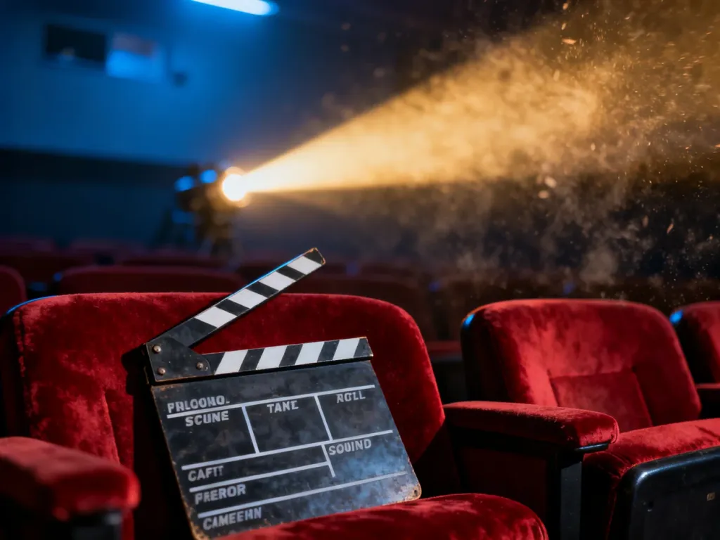 Klapa filmowa na czerwonym fotelu kinowym w nastrojowej sali z widocznym snopem światła projektora.