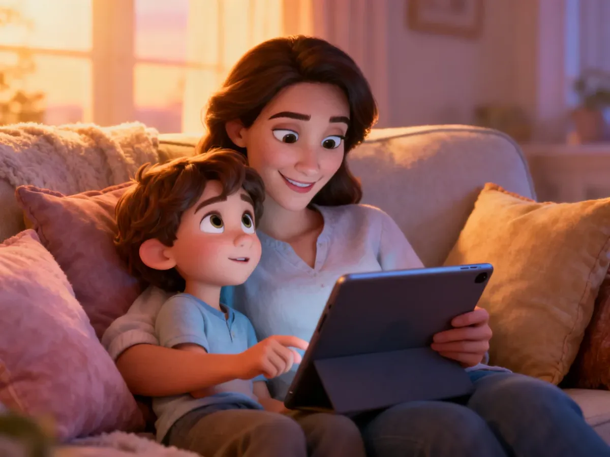 Dziecko i rodzic wspólnie wybierający animowany film podczas rodzinnego wieczoru