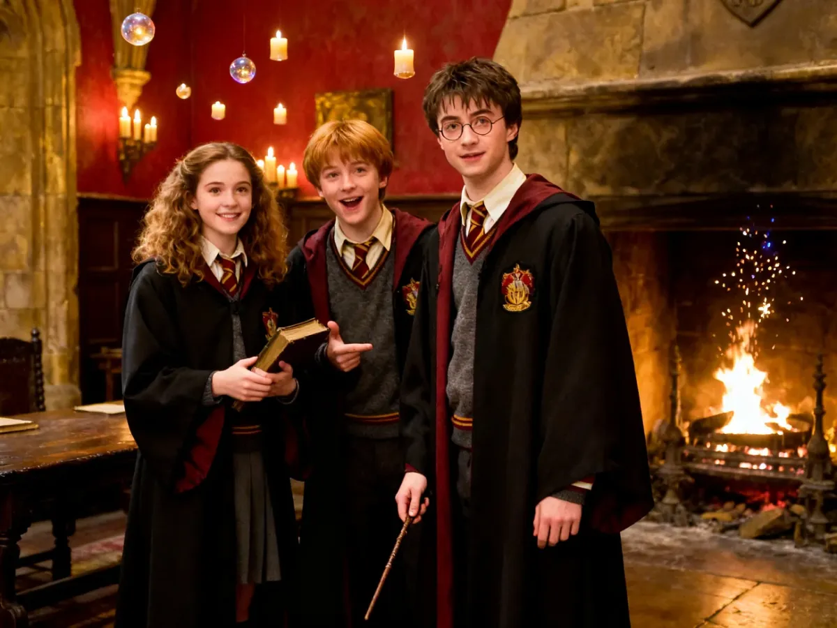 Harry, Hermiona i Ron stoją razem w przytulnym dormitorium Hogwartu