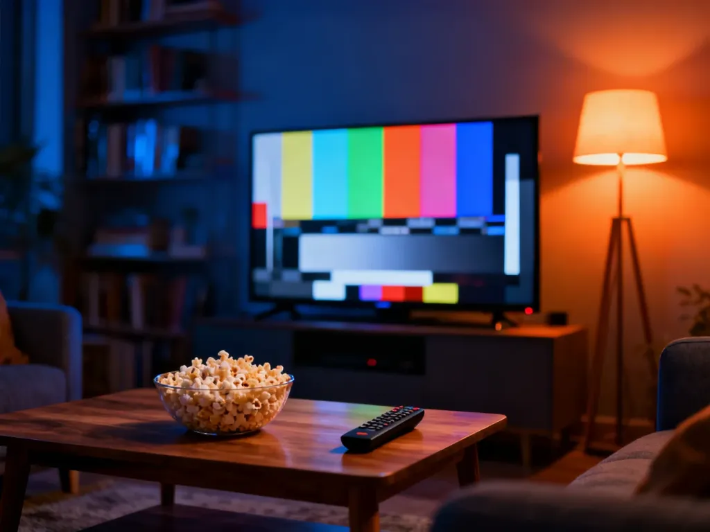 Przytulny salon z telewizorem, miską popcornu i pilotem, przygotowany do wieczornego seansu serialu.