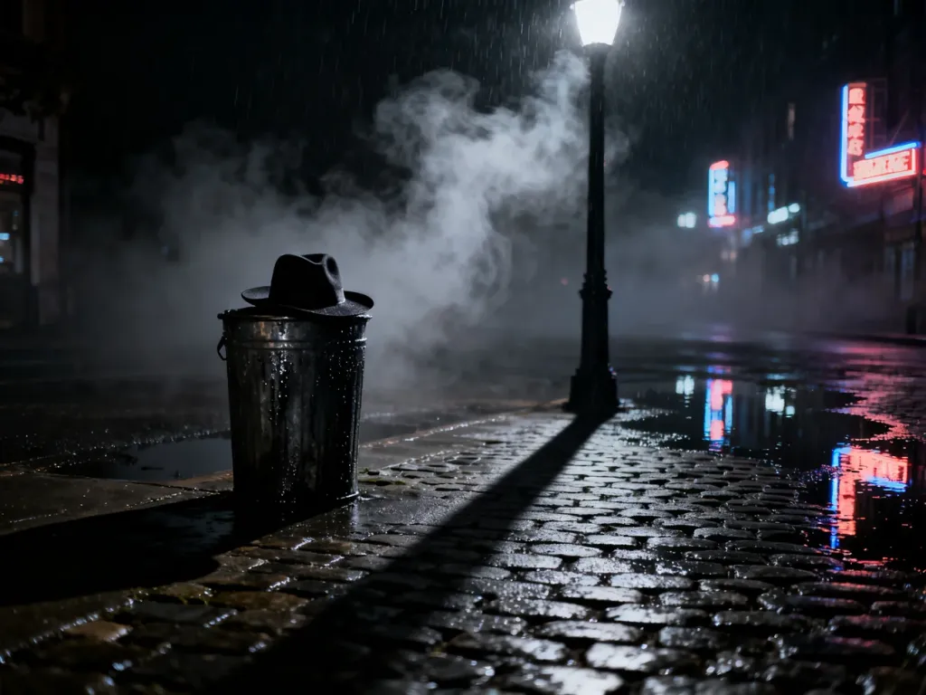 Mroczna, deszczowa ulica nocą z kapeluszem typu fedora i neonami, oddająca klasyczny klimat estetyki noir.