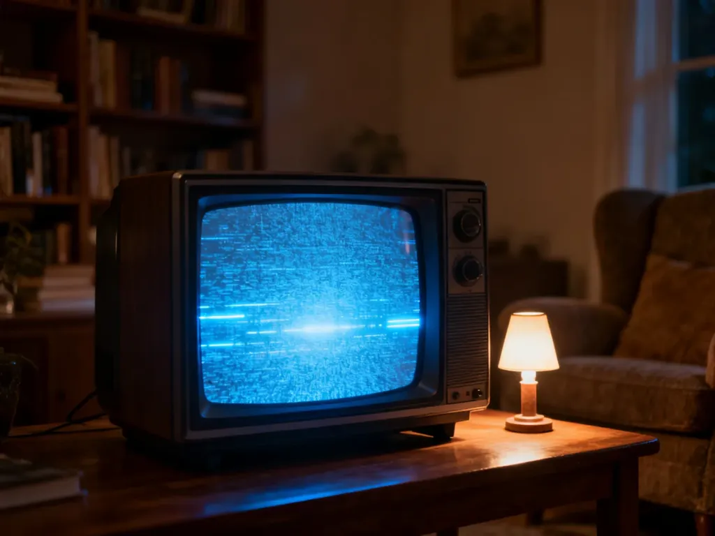 Stary telewizor z niebieskim światłem na ekranie w przytulnym salonie, nawiązujący do klimatu filmu science-fiction.