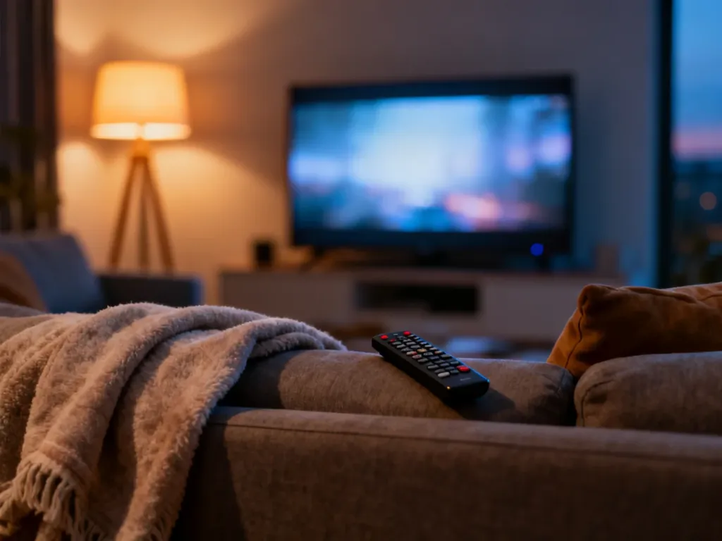 Przytulny salon z włączonym telewizorem, tworzący idealną atmosferę do wieczornego oglądania filmów.