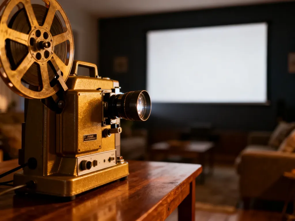 Projektor filmowy na drewnianym stole w przytulnym salonie, tworzący nostalgiczny klimat kinowy.