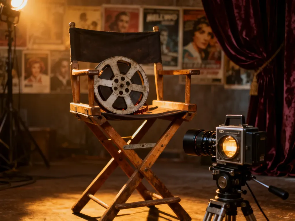 Szpula filmowa i obiektyw na reżyserskim krześle, budujące nostalgiczną atmosferę klasycznego kina.