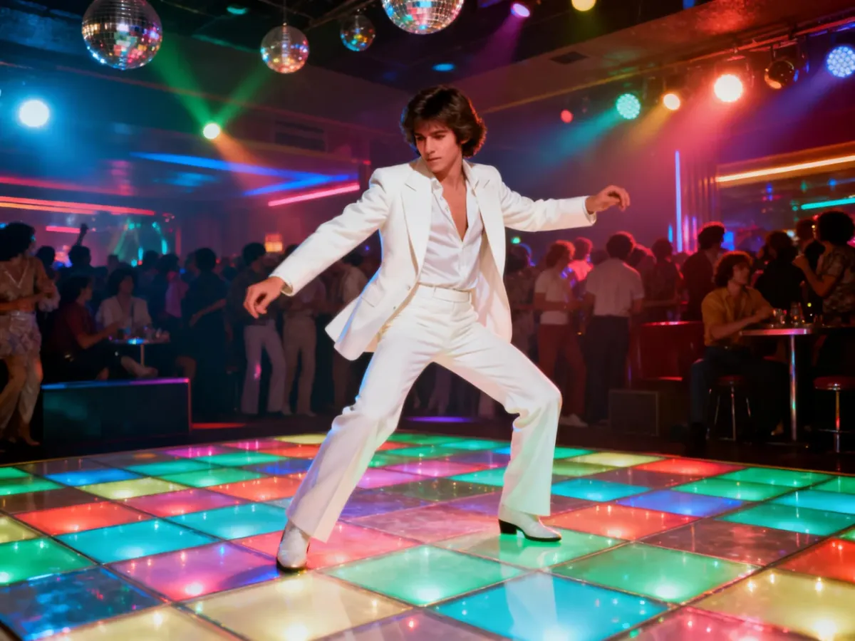 Młody tancerz w białym garniturze na parkiecie w klubie disco