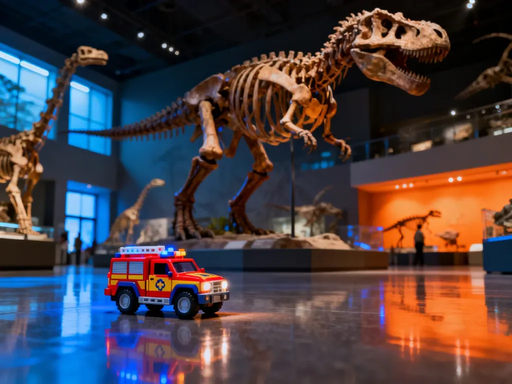 Zabawkowy pojazd ratunkowy na tle szkieletu dinozaura w nowoczesnym muzeum, nawiązujący do przygód Psiego Patrolu.