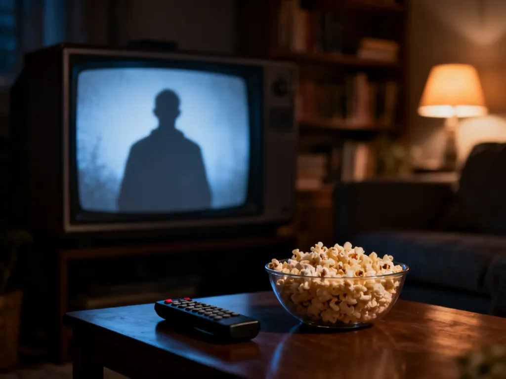 Przytulny salon z włączonym telewizorem, na którym widać tajemniczą sylwetkę, budującą nastrój serialu kryminalnego.