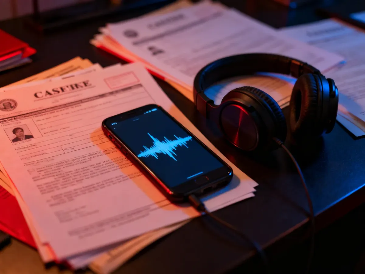 Słuchawki i telefon przygotowane do słuchania podcastu kryminalnego przy dokumentach sprawy