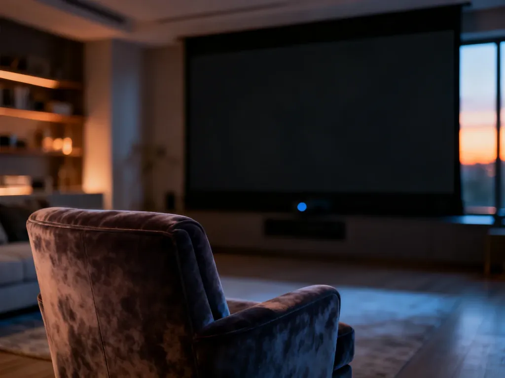Nowoczesne kino domowe z wygodnym fotelem i dużym ekranem projekcyjnym, tworzące przytulną atmosferę do oglądania filmów.