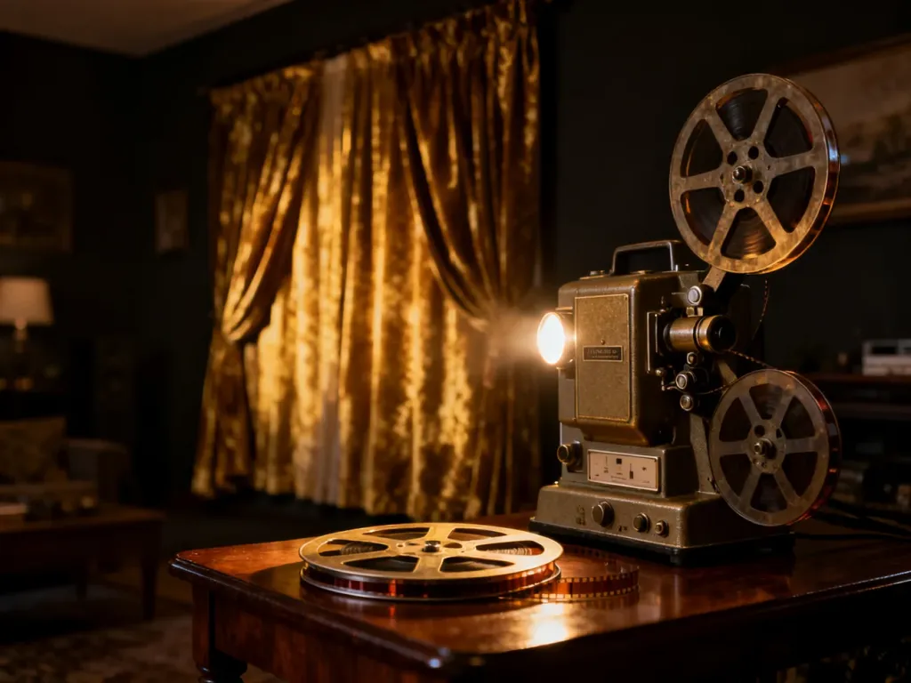 Stary projektor filmowy i szpule z taśmą w klimatycznym kinie domowym, nawiązujące do estetyki filmu „Serena”.