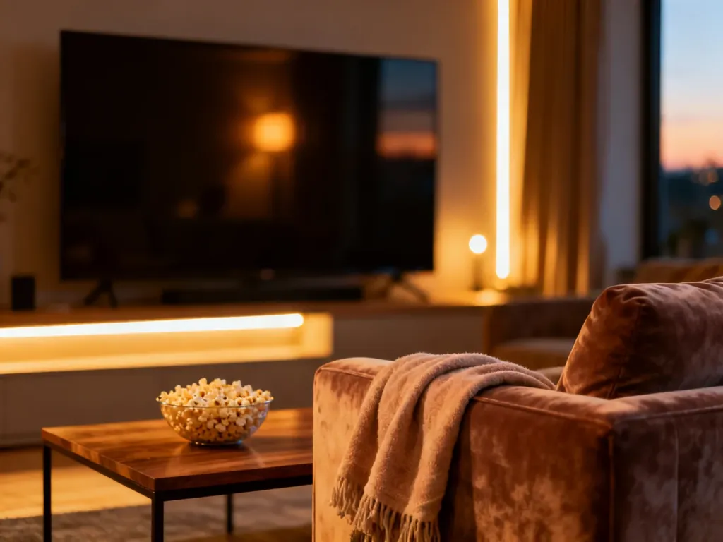 Przytulny salon z kanapą, kocem i popcornem, przygotowany do wieczornego oglądania seriali.