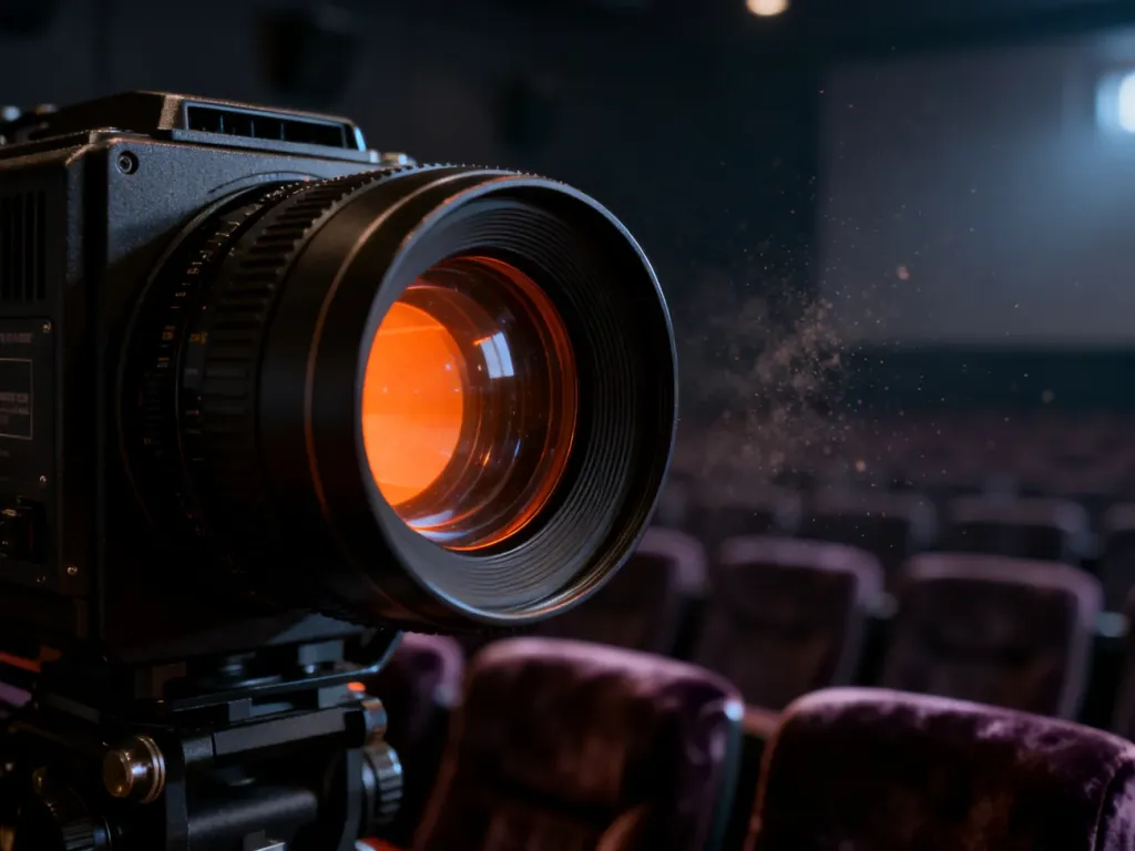 Profesjonalny obiektyw projektora kinowego w ciemnej sali, podkreślający filmowy klimat oczekiwania na seans.