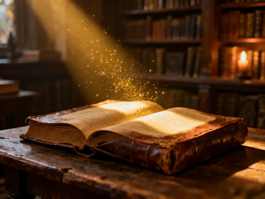 Otwarta, magiczna księga na drewnianym stole w przytulnej bibliotece, wprowadzająca w klimat świata Harry'ego Pottera.