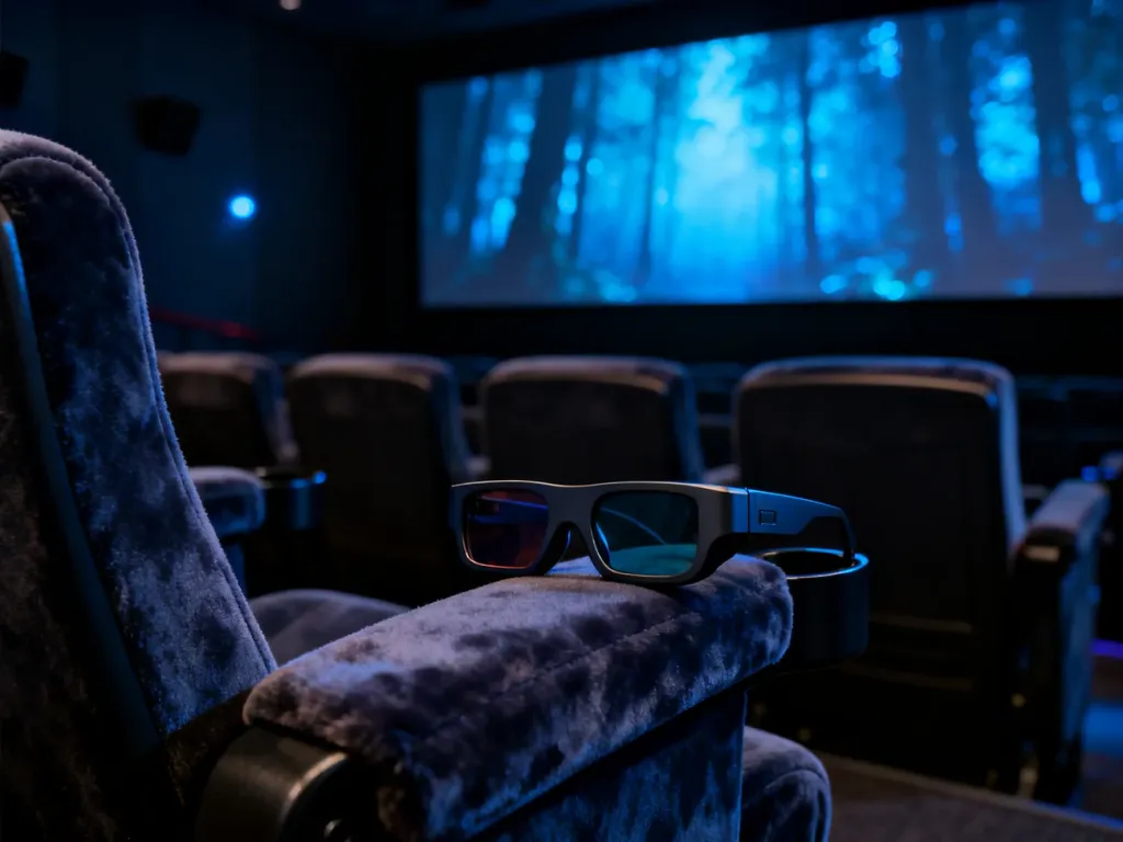 Puste fotele kinowe z okularami 3D na tle ekranu wyświetlającego bioluminescencyjny las z filmu Avatar.
