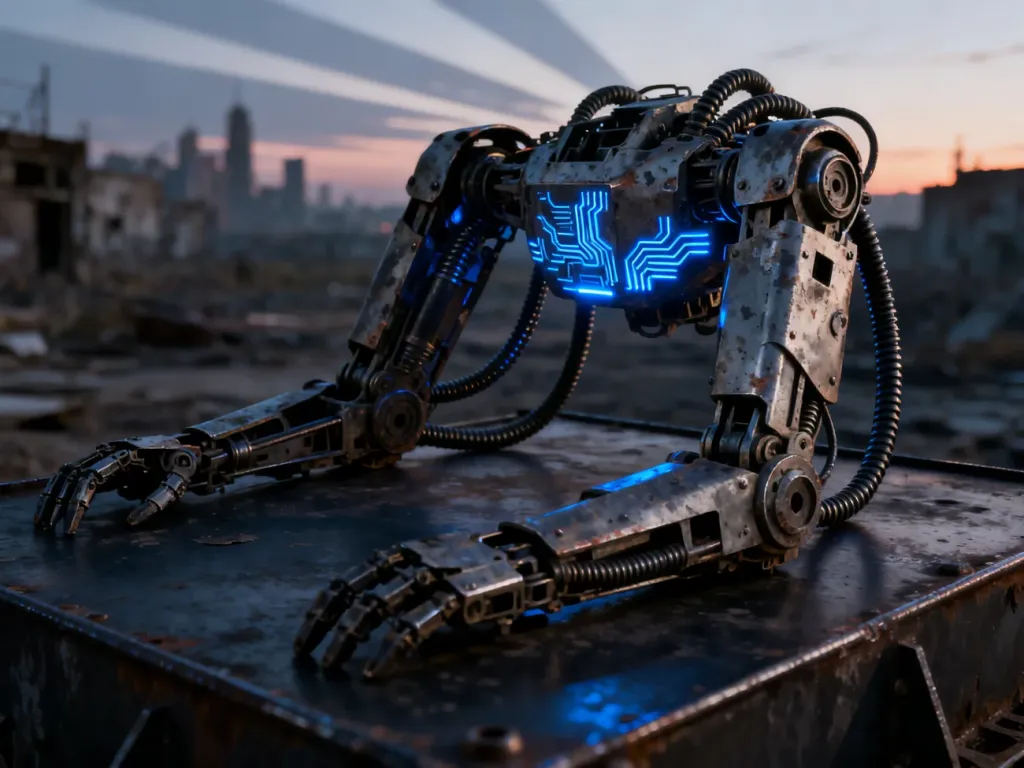Futurystyczny, zniszczony szkielet robota z niebieskimi obwodami na tle postapokaliptycznego miasta.