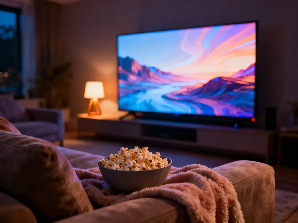 Przytulny salon z telewizorem, kocem i popcornem, tworzący idealną atmosferę do wieczornego oglądania filmów na Netflixie.