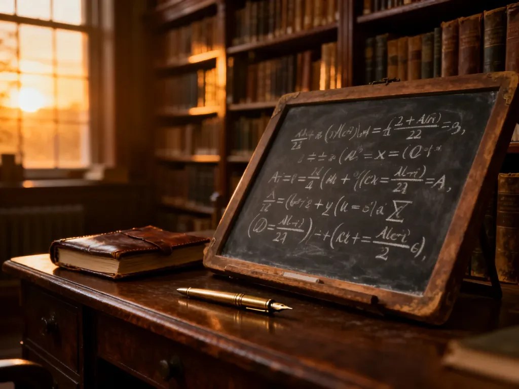 Stare biurko z tablicą pełną skomplikowanych równań matematycznych w klimatycznym gabinecie pełnym książek.