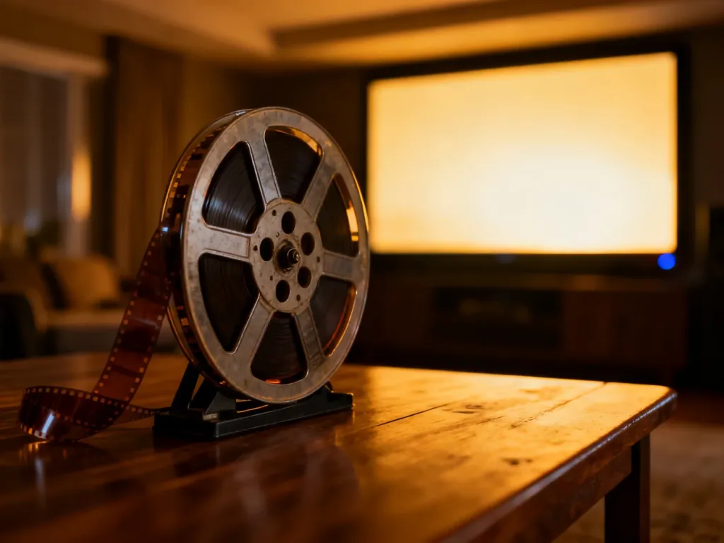 Szpula filmu 35 mm na drewnianym stole w przytulnym kinie domowym, sugerująca gotowość do seansu.