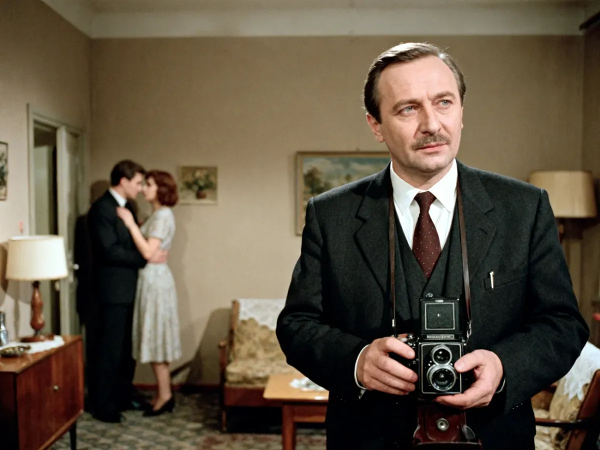 Scena intrygi z aparatem fotograficznym w stylu polskiej komedii z lat 70.