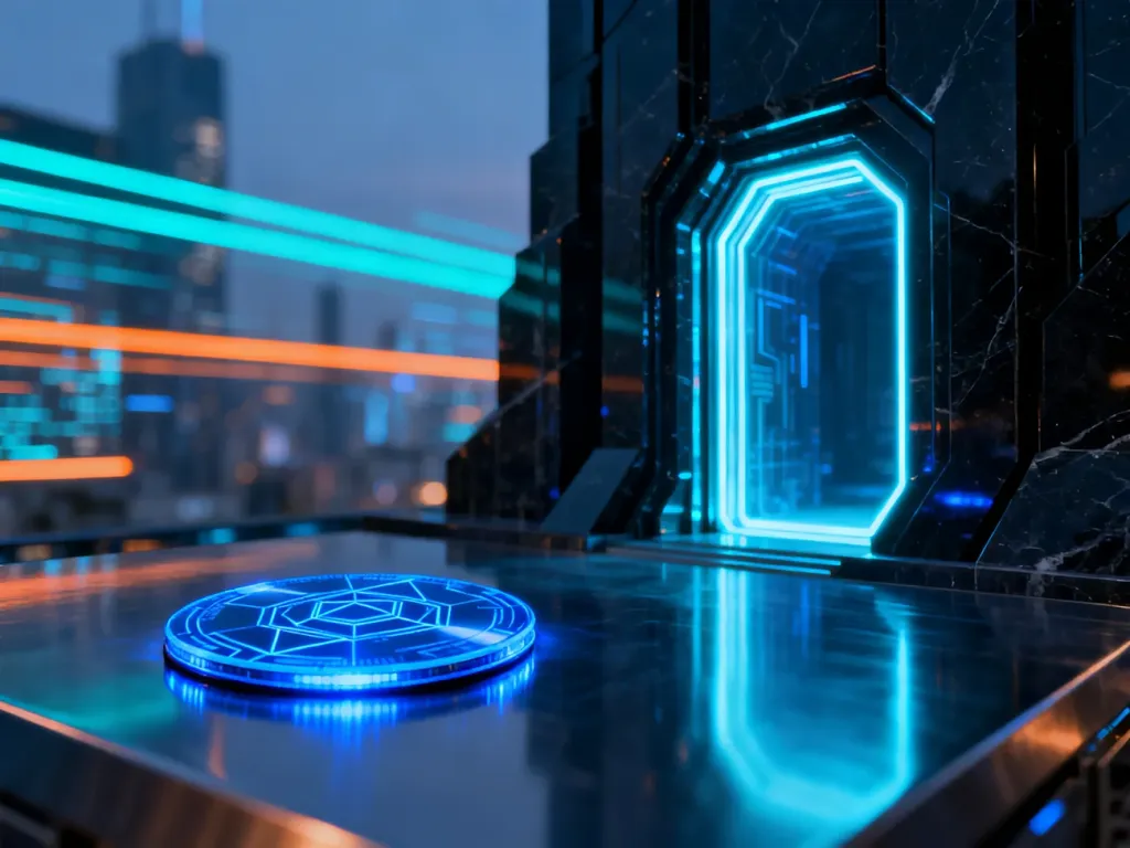 Świecący dysk danych na tle futurystycznego portalu i cyfrowego miasta w estetyce świata Tron.